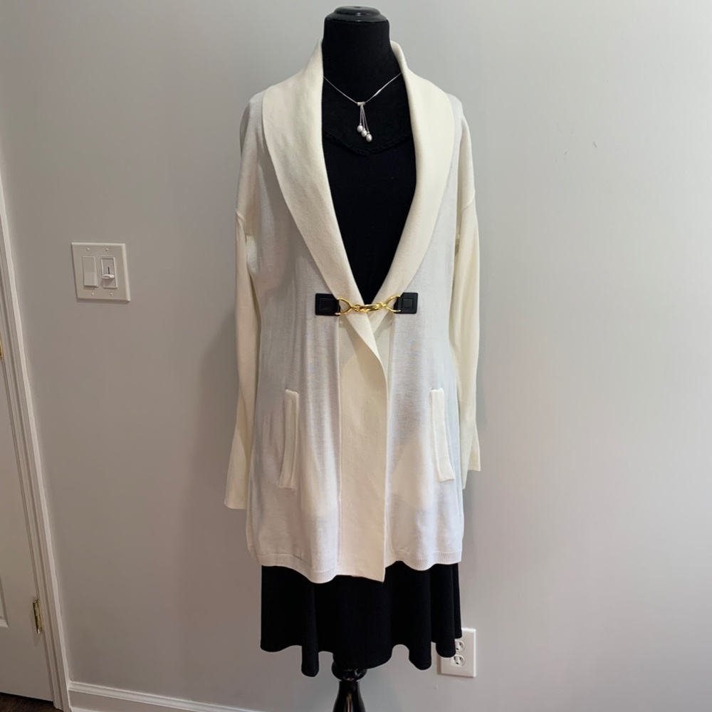 Calvin Klein white Cream Sweater large buckle gold jacket knit cardigan pockets